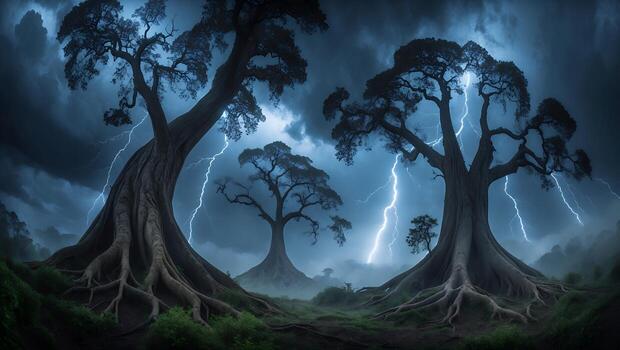 Trees Silhouetted Against Dark Sky with Lightning Strikes in Dramatic Scene photo