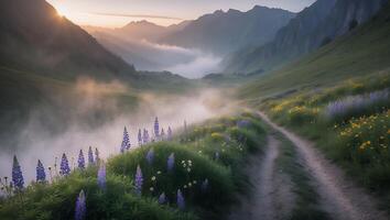 Hiking Trail Through Mountain Valley with Fog and Wildflowers at Sunrise photo
