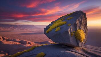 Balanced Rock Formation on a Cliff at Sunset with Vibrant Sky photo