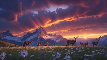 Deer Herd Grazing in Mountain Meadow at Colorful Sunset photo