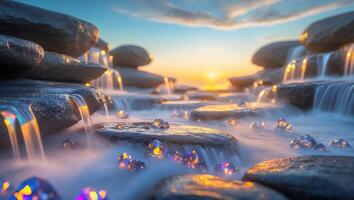 Cascading Water Over Rocks with Sunset and Mystical Crystal Lights photo