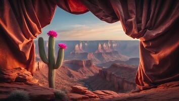 Cactus Blooms Framing Dramatic Desert Canyon View with Gentle Sunset Hues photo
