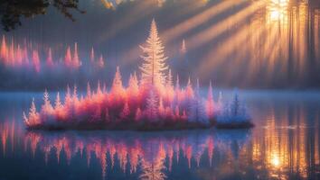 Lake with Forest Island and Light Rays Reflecting in Calm Water photo
