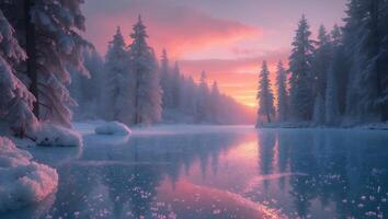 Frozen Lake Reflecting Pink Sky at Sunset with Snowy Pine Trees photo