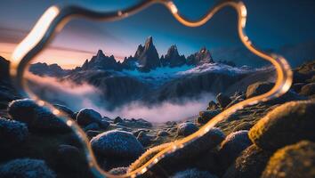 Framed Mountain Range with Fog and Mossy Rocks at Dusk photo