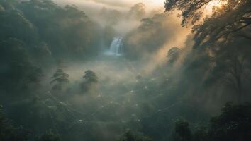 Waterfall in Misty Forest with Web Pattern Overlay Creating Surreal Scene photo