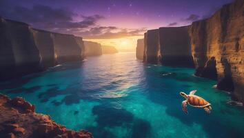 Sea Turtle Swimming in Turquoise Water Between Cliffs at Sunset photo