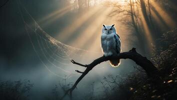 Owl Perched on Branch with Spiderweb in Foggy Forest Light photo