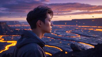 Man Staring at Lit Landscape with Dusk Sky and Flying Insects photo