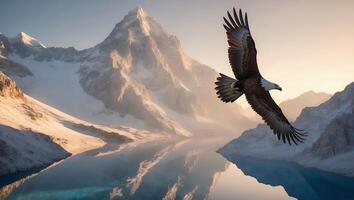 Eagle Soaring Over Mountain Lake with Reflections and Snowy Peaks photo
