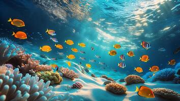 Swimming Fish and Coral Reef Underwater Scene with Sunlight Reflections photo