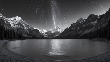 Dramatic Mountain Lake with Starfall Landscape at Night in Monochrome photo