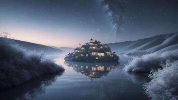 Island Village Reflecting in Calm Water Under Starry Night Sky photo