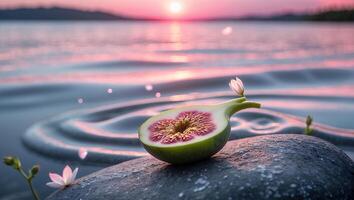 Fig Resting on a Rock with Sunset Reflected on Water photo