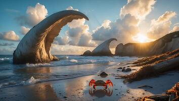 Crab Walking on Beach at Sunset with Rock Formations photo