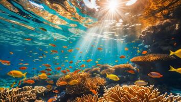 Swimming Fish and Coral Reef with Sunlight in Turquoise Ocean photo