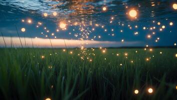 Glowing Orbs Floating Above Green Field with Water Reflection photo