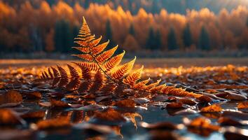 Fern Frond Resting on Fallen Leaves by Forest Lake in Autumn photo