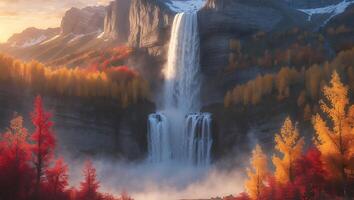 Waterfall Cascading Through Autumnal Forest Surrounded by Mountain Peaks photo