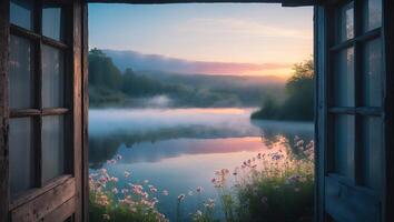 Open Window View of Foggy Lake at Sunrise with Wildflowers photo