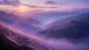 Foggy Valley View with Cobweb at Sunrise and Mountain Landscape photo