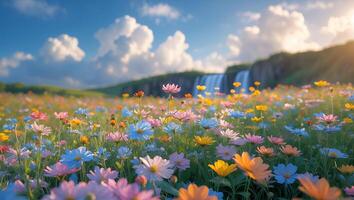 Meadow of Wildflowers with a Distant Waterfall and Sunny Sky photo