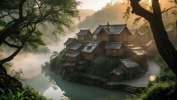 Quaint Village on Cliffside Overlooking River with Foggy Atmosphere photo