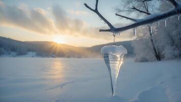 Icicle Hanging From Branch in Winter Landscape at Sunset photo