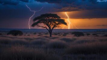 Lightning Storm Over the Savannah with Lone Tree Silhouette photo