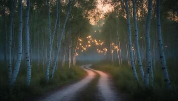 Winding Dirt Road Through Birch Forest with Magical Lights at Dusk photo