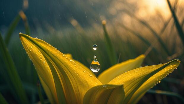 Dropping Water Drop on Yellow Flower with Bokeh Background Scenery photo