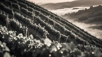 Vineyard Landscape in Morning Mist with Rows of Grapevines photo