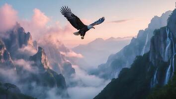 Eagle Soaring Over Misty Mountains with Waterfalls at Sunrise photo