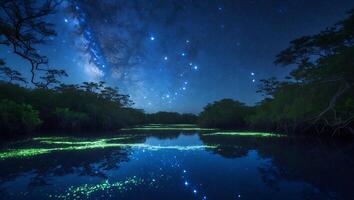 Reflecting Night Sky Over Calm River Surrounded by Lush Trees photo