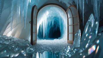 Exploring an Ice Cave with Open Door and Sparkling Icicles photo