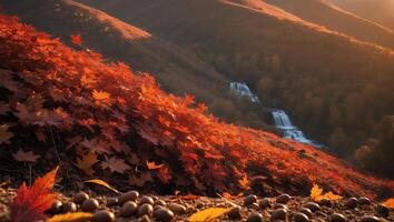 Autumn Leaves and Acorns on Mountain Slope with Distant Waterfall photo