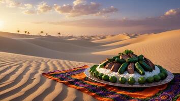 Serving Food on a Platter in a Desert Landscape at Sunset photo