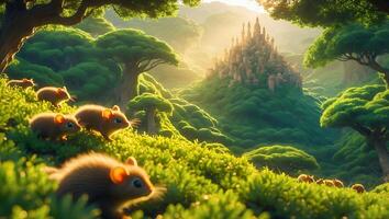 Mice Marching Toward Hilltop City in Lush Green Landscape photo