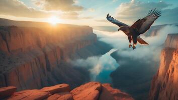 Bird Flying Over Grand Canyon River at Sunset with Fog photo
