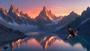 Eagle Soaring Over Reflective Lake Surrounded by Snow-capped Mountains Landscape photo