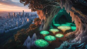 Glowing Mushrooms in Fantasy Cave Overlooking Urban City at Sunset photo