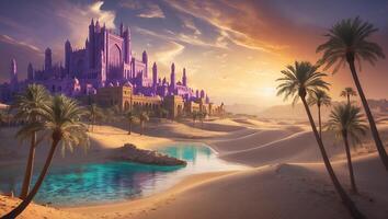 Majestic Desert Oasis with Palm Trees and Grand Architecture at Sunset photo