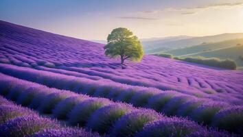 Lavender Field with Tree Landscape at Sunset in Rural Setting photo