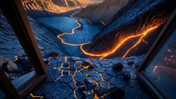 Open Window Overlooking a Valley with Glowing Cracks and Mountain Range photo