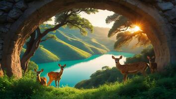 Deer Standing in Scenic Landscape Overlooking Lake During Sunset photo