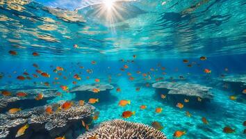 School of Tropical Fish Swimming Above Coral Reef Underwater View photo
