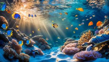 Underwater Scene with Tropical Fish Turtle Coral Reef and Sunbeams photo