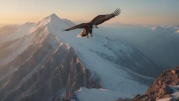 Eagle Flying Above Snowy Mountain Peaks at Sunrise with Golden Light photo