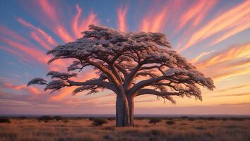 Majestic Baobab Tree Standing Tall in Savannah at Colorful Sunset photo