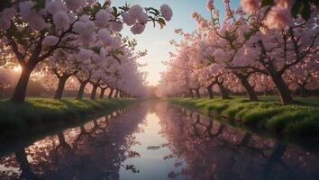 Blossoming Tree-lined Canal Reflecting Sky at Sunset in Peaceful Scenery photo